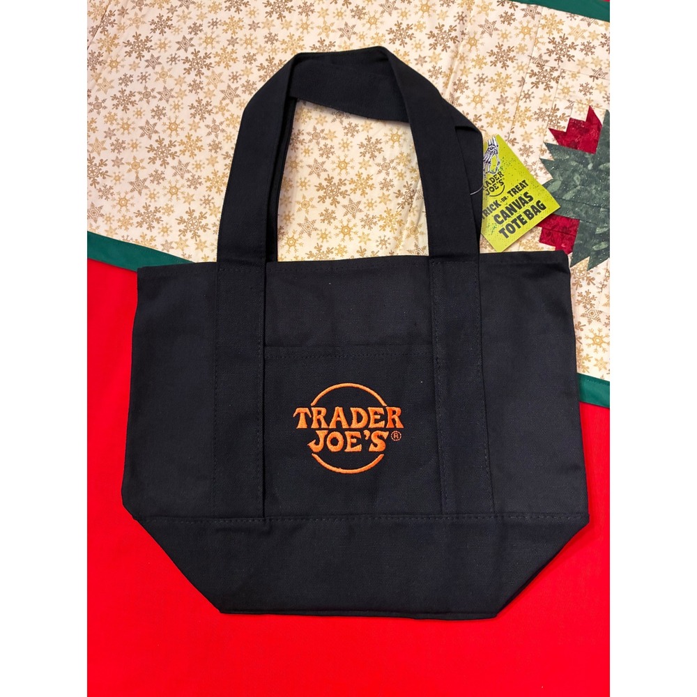 Trader Joe's Trick-or-Treat Canvas Tote Bag Mini Black Orange Embroidered NWT